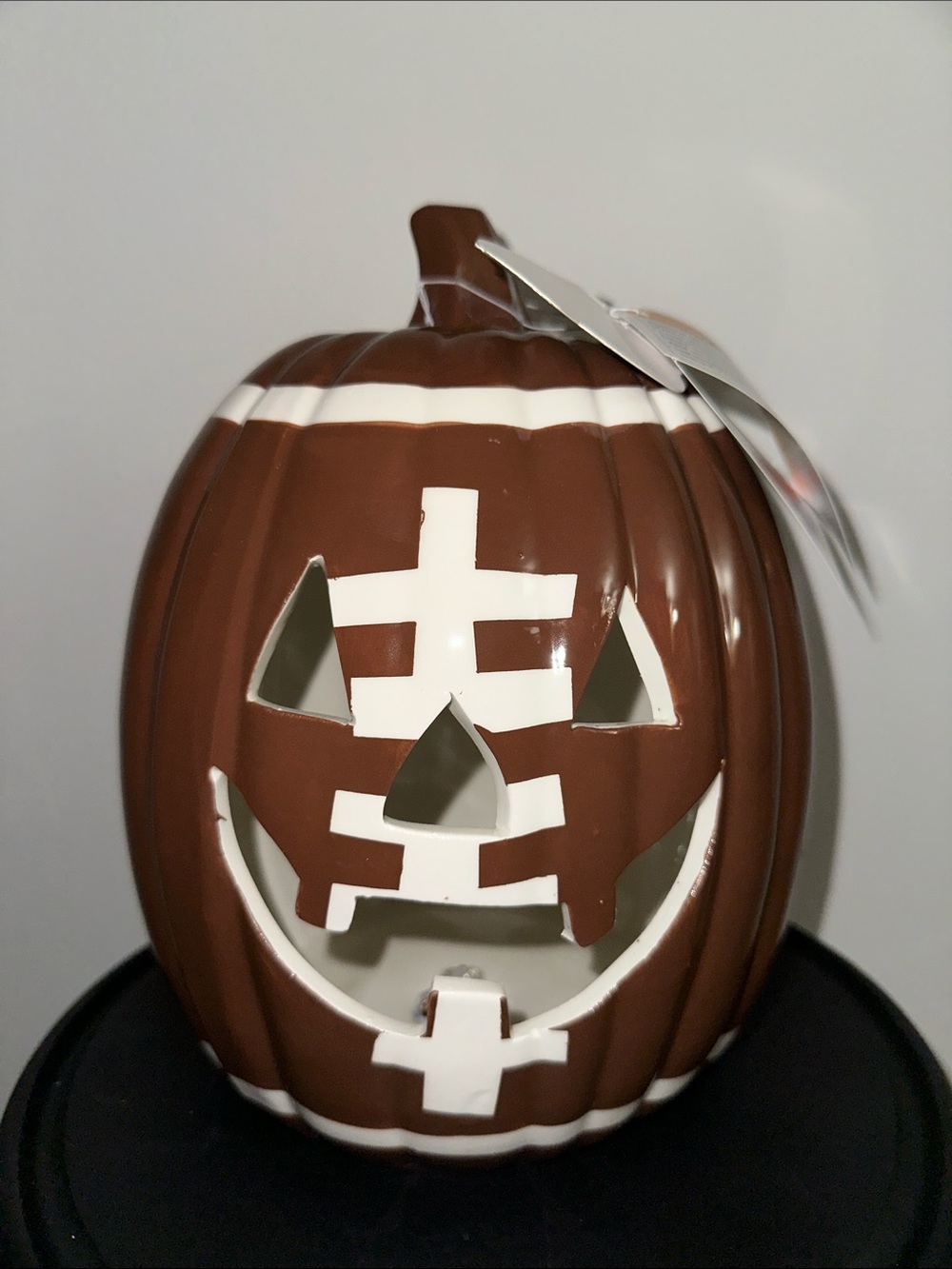Brown and White Ceramic Pumpkin Accent - football pumpkin jack o lantern